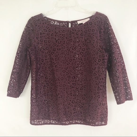 LOFT Tops - LOFT Maroon Lace Top 3/4 Sleeves Size Small